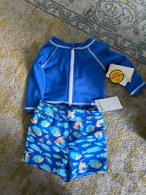 Tucker + Tate Blue UPF 50+ Rash Guard Top with Blue Multi Fish Swim Shorts